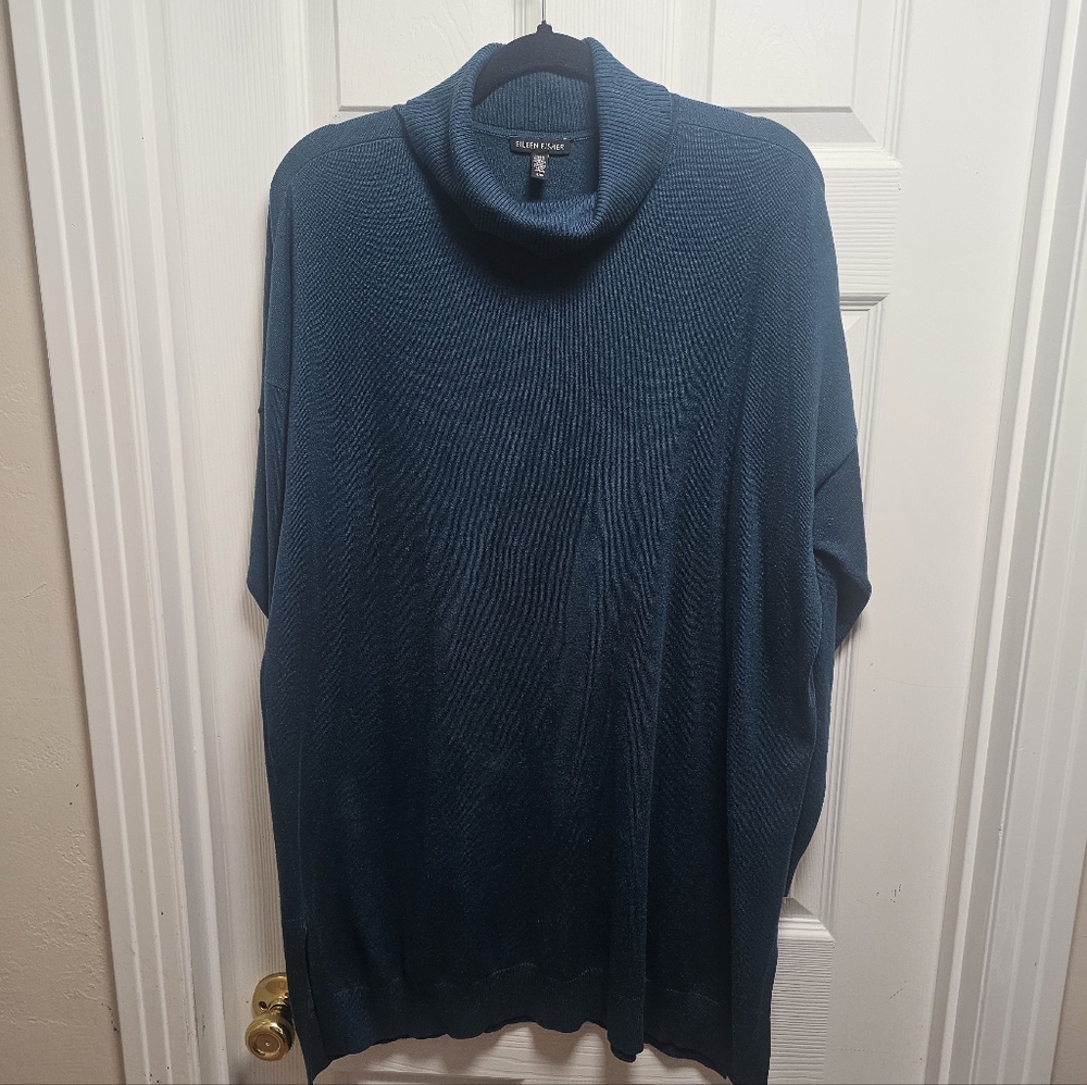 Eileen Fisher Teal Green Turtleneck Knit Sweater Dress Women’s L Long Sleeve